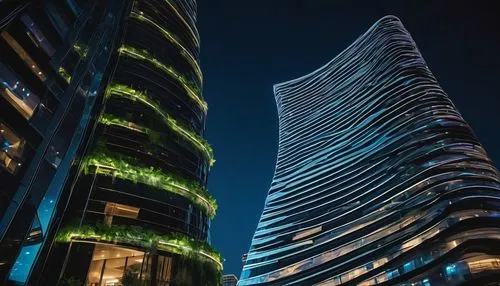 Modern futuristic skyscraper, curved lines, sleek metal exterior, floor-to-ceiling windows, LED lights tracing the edges, rooftop garden, intricate structural details, reflective glass, angular shapes