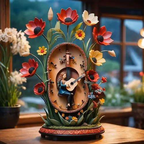 floral skull,valentine clock,tansu,wooden flower pot,grandfather clock,floral arrangement,Photography,General,Cinematic