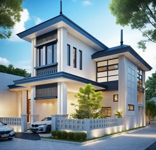 BLACK ROOF, SIMILAR AS SOURCE, COMMERCIAL BUILDING, bmw g20,this is a 3d rendering of a house,modern house,two story house,residential house,exterior decoration,asian architecture,homebuilding,Photogr