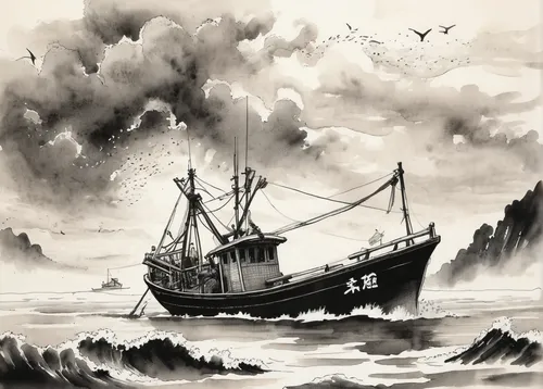 fishing trawler,naval trawler,mariner,wherry,rogue wave,star line art,sea storm,ghost ship,stormy sea,shipwreck,the wreck of the ship,rescue and salvage ship,seafarer,whaler,convoy rescue ship,commercial fishing,ship wreck,sea fantasy,arklow wind,caravel,Illustration,Paper based,Paper Based 30