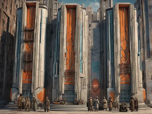 columns,hall of the fallen,valerian,pillars,metropolis,concept art,airships,portal,portcullis,dystopian,doors,ancient city,stargate,sci fiction illustration,guards of the canyon,roman columns,guardians of the galaxy,egyptian temple,doric columns,mining facility,Illustration,Vector,Vector 18