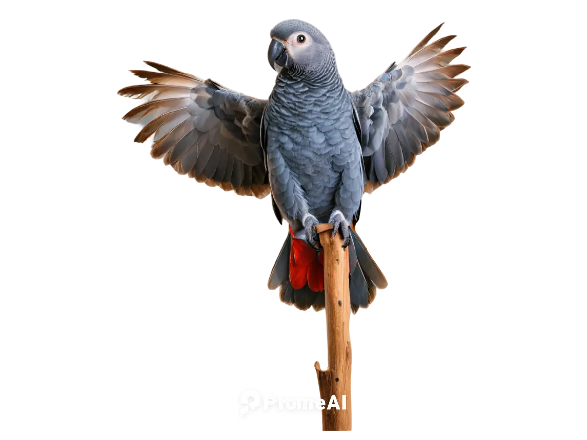 African Gray Parrot, solo, exotic bird, bright gray feathers, vibrant red tail, strong black beak, intelligent eyes, perched on wooden stick, spread wings, morning sunlight, shallow depth of field, 3/