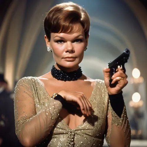 a young judy dench dressed as James Bond, in the famous james bond pose,moneypenny,eartha,goldfinger,thunderball,edwige,endora,baretta,phasers,nichelle,moonraker,barbarella,morricone,signoret,gena rol