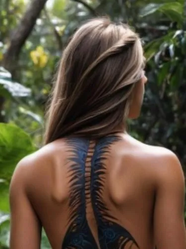 tatau,girl from the back,back of head,backless,woman's backside,girl in a long dress from the back,girl from behind,female silhouette,mermaid silhouette,back view,lianas,polynesian,shoulder length,backs,hula,anantara,body painting,half profile,keibler,kaikini