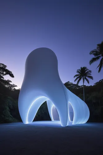 El Yunque Puerto Rico minimalistic future ephemeral glowing inflated contemporary pavilion,  frosted plastic 


,futuristic art museum,futuristic architecture,blue elephant,bioluminescence,public art,