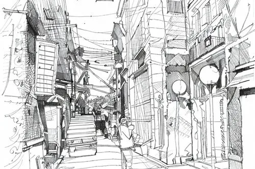 narrow street,alleyway,mono-line line art,alley,line drawing,townscape,old linden alley,mono line art,bukchon,the street,motomachi,souq,scribble lines,line draw,street scene,medieval street,hanging houses,souk,line-art,sketch