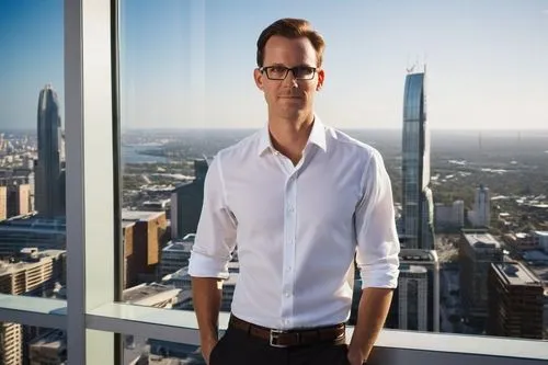 Male, architect, mid-30s, glasses, short brown hair, casual wear, white shirt, black pants, sneakers, holding a blueprint, standing in front of a large urban planning model, cityscape, skyscrapers, mo