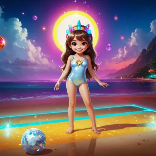 illustration, girl smiling, cute, white background,,girl in swimming suit standing on beach next to ball,gameloft,mermaid background,candy island girl,gemstar,beach background,summer background,Illust