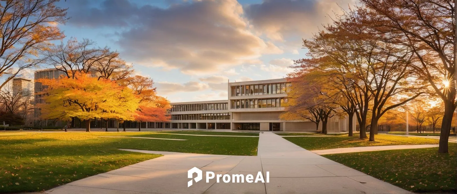 IIT Chicago campus, modern architecture, brutalist style, concrete buildings, rectangular shapes, clean lines, minimal ornamentation, open spaces, pedestrian walkways, trees scattered throughout, fall