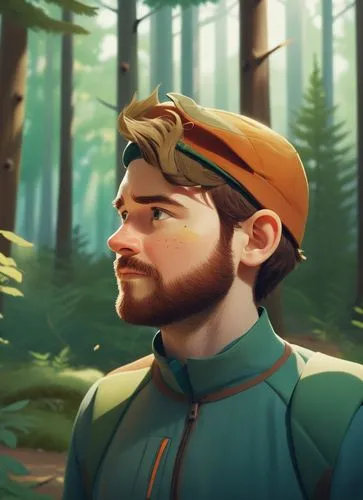 a 32 years old man in forester clothing, wearing a cap in a mountain forest. Full body,a man with a beard and a beard in the woods,kovic,lumberjax,bunyan,forest man,yogscast,oaken,Illustration,Vector,