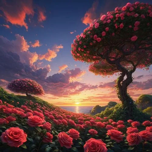 landscape rose,splendor of flowers,flower in sunset,romantic rose,flower tree,flowerful desert,flower background,nature wallpaper,way of the roses,blooming field,blooming roses,sea of flowers,nature background,fantasy landscape,landscape background,flower field,colorful tree of life,sky rose,mushroom landscape,blossom tree,Illustration,Japanese style,Japanese Style 05