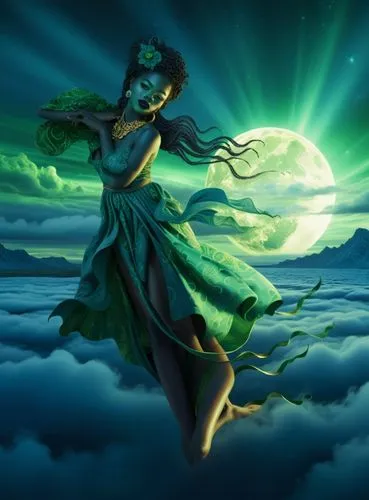 nude Beautiful nigerian girl, full dark curly hair, big green almond eyes, full black lips, misty sky,a painting of a woman floating in the air with her hair blowing,tuatha,arundhati,anahata,vishwamit