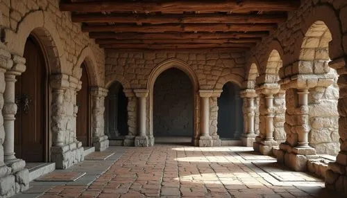 Rustic stone walls, weathered wooden accents, rough-hewn concrete columns, ornate metalwork details, tactile brick facades, earthy terracotta tiles, rugged natural stone floors, intricate mosaic patte