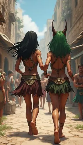 Draw in anime style: A Byzantine city marketplace. The people in the background are wearing Byzantine clothing. A barefoot, mean-looking Polynesian girl, with good muscle tone, ebony tan, wearing an u