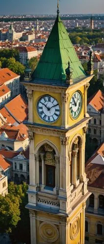 Ancient Romanian architecture, grandiose, ornate, intricate carvings, Baroque style, Bucharest cityscape, old town hall, clock tower, yellow ochre walls, green copper roofs, Gothic windows, stone colu