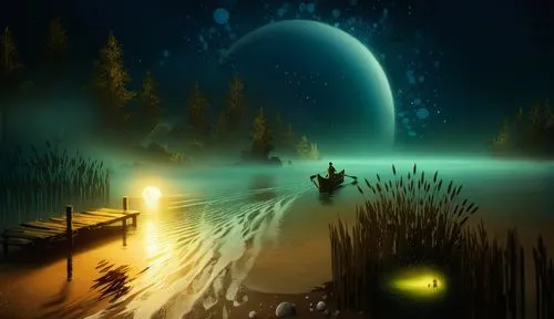 the people are out in the water on the boat,fantasy picture,sci fiction illustration,fantasy landscape,alien planet,swampy landscape,night scene,Illustration,Abstract Fantasy,Abstract Fantasy 19