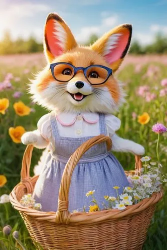 child fox,cute fox,adorable fox,flowers in basket,a fox,garden-fox tail,little fox,peaches in the basket,fox,fennec,flower basket,fennec fox,springtime background,flower background,picking flowers,flowers in wheel barrel,kit fox,spring background,flower animal,animals play dress-up,Art,Artistic Painting,Artistic Painting 40