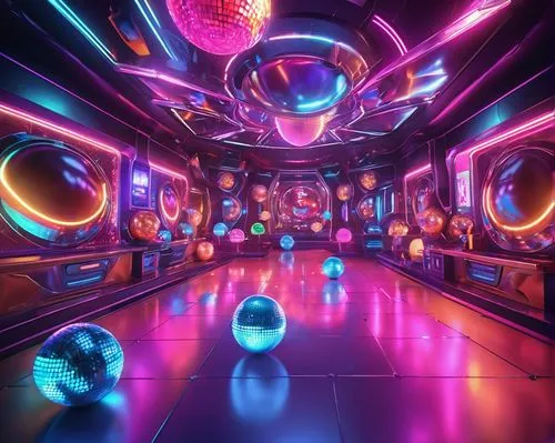 spaceship interior,ufo interior,spaceland,nightclub,dancefloor,disco,discotheque,discotheques,disco ball,colored lights,dancefloors,prism ball,bowlmor,mirror ball,3d background,shader,poolroom,spaceship space,party lights,pinball,Illustration,Realistic Fantasy,Realistic Fantasy 38