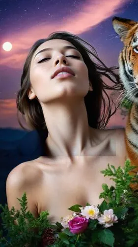 As the sun begins to set, a woman with radiant red and purple glow in the sky fills the sky, her every move serene and symphony haunts her. She is a fierce tiger, with radiant eyes and a radiant sprig