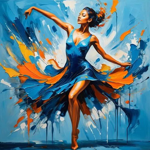 In an 8k hyper-realistic oil painting, an unreal engine 3D animated cartoon portrays a dancer in vibrant blue and orange streaks, their fluid movements captured with impasto strokes. The minimalistic 