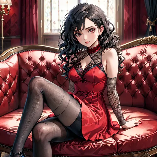 nero,velvet,sitting on a chair,victorian style,poker primrose,elegance,lady in red,velvet elke,azalea,diamond red,french valentine,femme fatale,elegant,sitting,ren,man in red dress,victorian,victorian lady,red bow,vampire lady,Anime,Anime,General