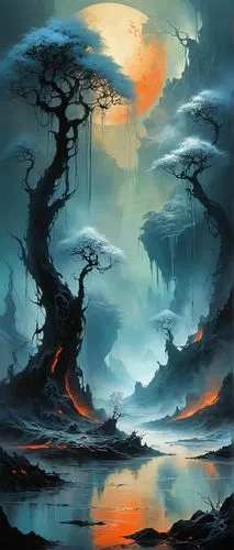 fantasy landscape,mushroom landscape,ghost forest,futuristic landscape,volcanic landscape,swampy landscape,barren,lunar landscape,fantasy art,fantasy picture,world digital painting,mushroom island,an island far away landscape,underwater landscape,forest landscape,fractal environment,alien world,dune landscape,dead vlei,haunted forest,Illustration,Realistic Fantasy,Realistic Fantasy 16