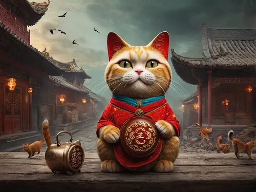 Create a suspenseful tale about a cursed lucky cat that brings misfortune to anyone who possesses it.,chinese pastoral cat,cat warrior,lucky cat,auspicious,chinese art,oriental painting,goki,cartoon c