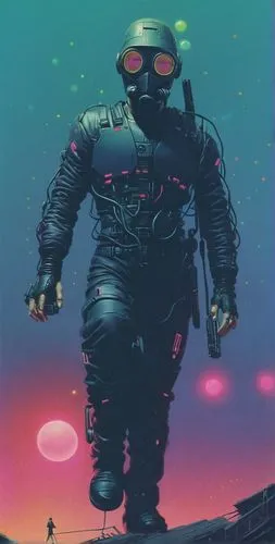 cyberpunk, vaporwave, syfy, 1990,a man in a diving suit is walking on a bridge,technodrome,kikaider,tetsujin,emshwiller,krang,klaatu,Art,Artistic Painting,Artistic Painting 48