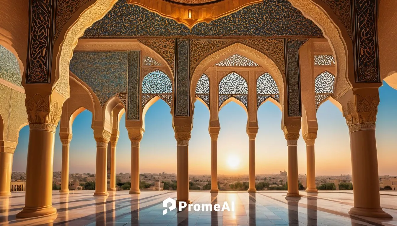 Islamic architecture elements, intricate geometric patterns, arches, domes, minarets, ornate columns, Arabic calligraphy, Islamic tiles, muqarnas, arabesque, floral motifs, symmetrical composition, ma