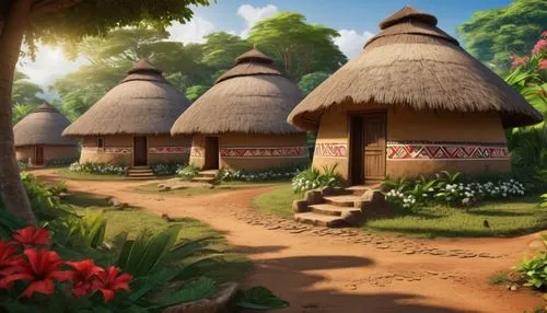 Traditional Igbo village, round huts with conical thatched roofs, mud walls adorned with tribal patterns, wooden doors with intricate carvings, lush greenery surrounding the structures, vibrant flower