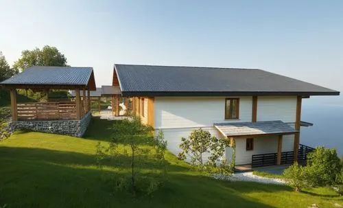 passivhaus,chalet,house with lake,lefay,grass roof,wooden house,Photography,General,Realistic