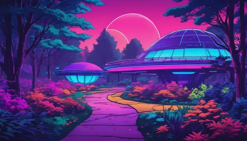 futuristic landscape,flower dome,alien world,alien planet,mushroom landscape,80's design,aesthetic,oasis,ufo interior,retro background,futuristic,scifi,space port,greenhouse,80s,vapor,biome,utopian,cartoon forest,purple landscape,Conceptual Art,Sci-Fi,Sci-Fi 27