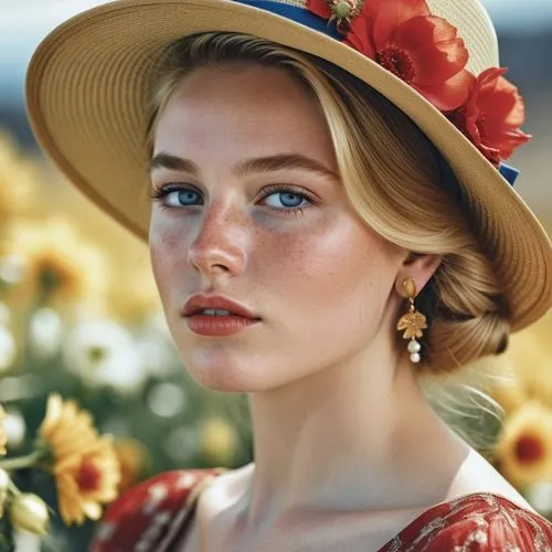 Close-up portrait of a young woman with striking features, displaying a thoughtful or introspective expression. Her face is highlighted by bright blue eyes, red lipstick, and delicate freckles dusting