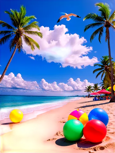 Summer vacation, beach scenery, sunny day, blue sky, fluffy white clouds, seagulls flying overhead, palm trees swaying gently, colorful beach balls, inflatables, tropical flowers, sandy shore, calm oc