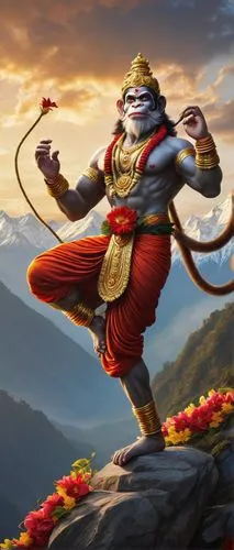 Hanuman, Indian mythology, monkey god, muscular build, golden fur, strong facial features, sharp teeth, piercing eyes, red lips, sacred thread on forehead, flower garland around neck, majestic posture