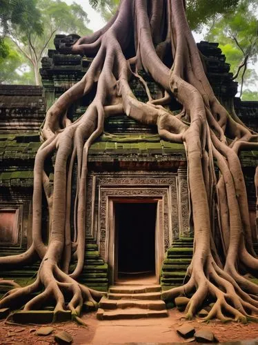 Ancient Southeast Asian art, Hindu-Buddhist influence, intricate carvings, ornate temples, Angkor Wat inspiration, stone walls, tropical jungle surroundings, vines crawling up structures, lush greener