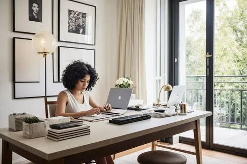 a woman is sitting at a desk with a laptop,work from home,work at home,telecommuting,telecommuter,telecommute,writing desk,Conceptual Art,Fantasy,Fantasy 13