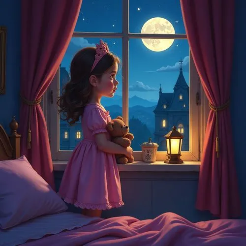 romantic night,cute cartoon image,buonanotte,good night,night scene,the girl in nightie