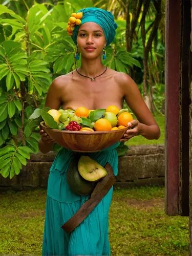 My most beautiful and young Creole hostess came up to me with a bowl of the most delicious fruit and beamed at me lovingly.,woman with a bowl of fruit, posing for a po,melanesians,vanuatuan,bahian cui