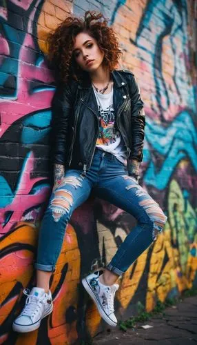 jeans background,girl in t-shirt,grunge,ripped jeans,denim jacket,denim background,graffiti,jean jacket,denim,urban,portrait background,brick wall background,skater,girl in overalls,brick background,punk,retro woman,young model,colorful background,leather jacket,Illustration,Paper based,Paper Based 20