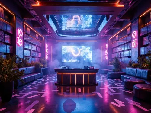 nightclub,ufo interior,spaceship interior,spaceland,neon coffee,3d render,game room,piano bar,retro diner,liquor bar,neon cocktails,computer room,study room,neon drinks,poolroom,3d background,interiors,blue room,clubroom,neon light