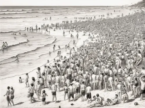 people on beach,the people in the sea,seminyak beach,beach goers,marathias beach,kuta beach,lido di ostia,surfers,crowd of people,swimming people,crowds,walnut beach,july 1888,copacabana,dadaepo beach,playa francesca,waikiki beach,indiana dunes state park,cuba beach,matira beach,Illustration,Black and White,Black and White 35