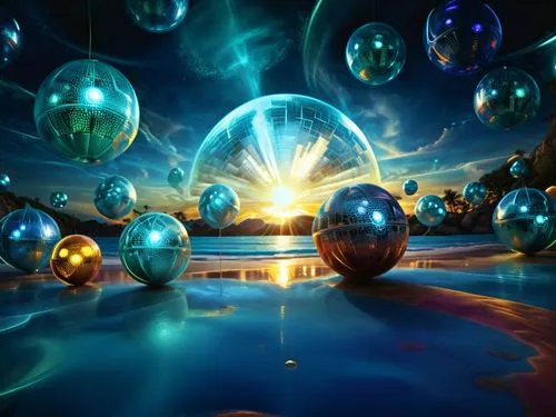 amazing  fractal,many spheres are floating around in the air,crystal ball-photography,glass ball,blue spheres,spheres,glass sphere,glass balls,Illustration,Realistic Fantasy,Realistic Fantasy 38