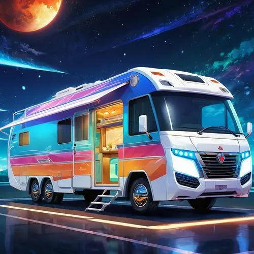 spacebus,moon car,motorhome,winnebago,cybertruck,camping bus,teardrop camper,rv,galaxy express,vanagon,campervan,camper van,motorhomes,food truck,midibus,eurovan,winnebagos,camper,mobilestar,starliner,Illustration,Japanese style,Japanese Style 03