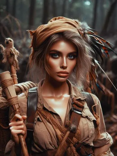 wood elf,woodsman,girl with gun,warrior woman,female warrior,female doll,huntress,girl with a gun,wooden doll,gamekeeper,chasseur,fantasy portrait,dryad,cave girl,bushcraft,ranger,photoshop manipulati