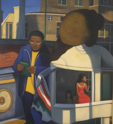 grant wood,school bus,bus shelters,schoolbus,bus stop,memphis tennessee trolley,child with a book,street car,juneteenth,school buses,meticulous painting,the girl at the station,harlem,newspaper box,church painting,baltimore,woman in the car,street scene,bus driver,public art,Art,Artistic Painting,Artistic Painting 25