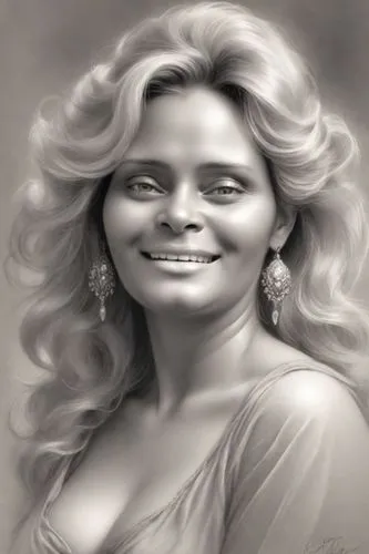 Beautiful old chubby blonde woman, round face, in the style of Boris Vallejo, in grey tones, a pencil drawing portrait with brush strokes, soft lighting, a full body, a romantic and mysterious atmosph