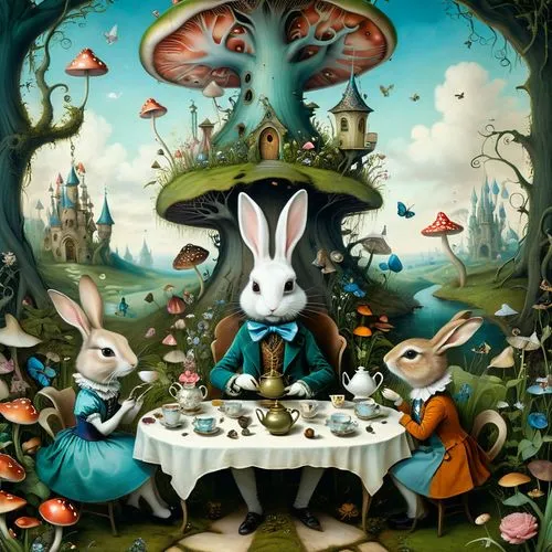 alice in wonderland,white rabbit,fox and hare,bosch,hare field,peter rabbit,Illustration,Abstract Fantasy,Abstract Fantasy 06