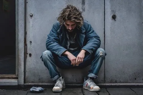 Abandoned, homeless person, worn-out clothes, ripped jeans, dirty sneakers, messy hair, unshaven face, sad eyes, leaning against, hostile architecture, brutalist building, concrete walls, rusty metal 