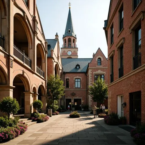 Rustic brick fa\u00e7ade, ornate stone carvings, grand entrance archways, elegant clock towers, historic academic buildings, lush green courtyards, vibrant flower arrangements, intricate Gothic detail